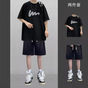 印花T恤青少年夏季纯棉短袖休闲运动套装韩版百搭牛仔短裤ins男士