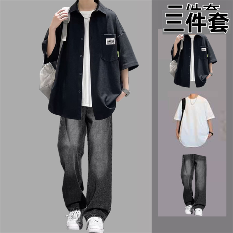 衬衫短袖男夏季学生牛仔裤运动套装大码男生五分袖潮流日系半袖