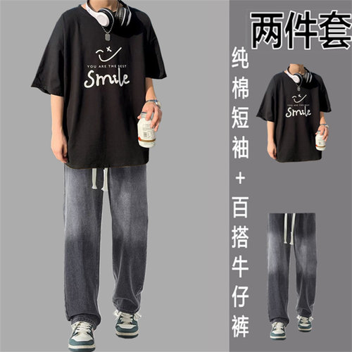 纯棉短袖印花T恤夏季青少年休闲运动套装休闲潮流牛仔裤运动百搭