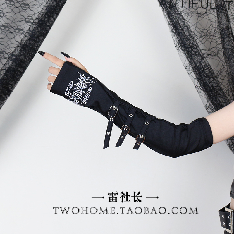 废土风半截露指手套金属扣刺绣绑带手袖套y2k亚文化暗黑朋克袖套