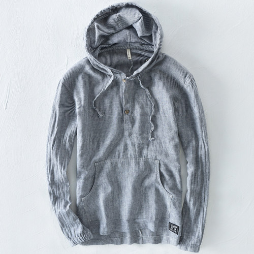 带帽棉麻长袖T恤条纹套头潮流