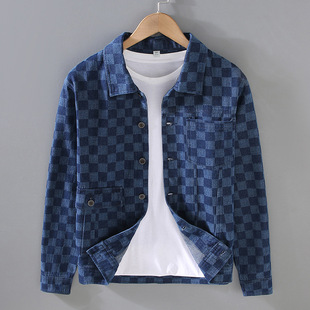 棋盘格牛仔外套男春秋纯棉宽松高级感上衣潮牌个性潮流格子夹克衫