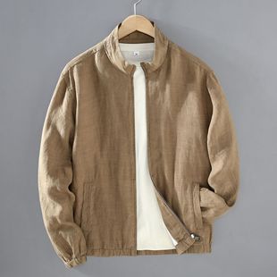 100%纯亚麻立领青年夹克男装外套轻奢高端松弛慵懒风全麻上衣潮流