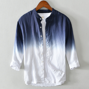 衣服男潮流宽松上衣棉麻衬衣中袖 夏季 男七分袖 亚麻立领渐变色衬衫