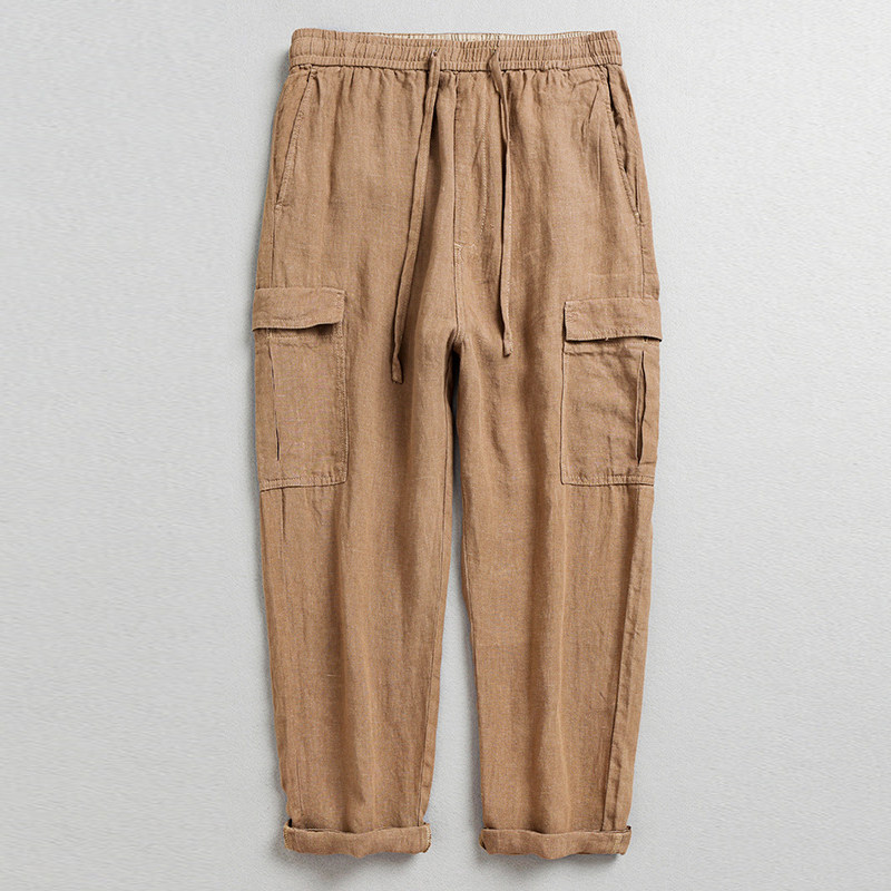亚麻九分工装裤男夏季薄款大码宽松直筒阔腿潮牌潮流男装棉麻裤子