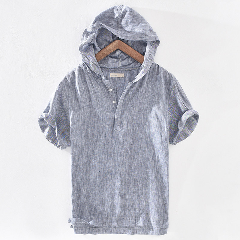 带帽短袖亚麻连帽衫男夏季宽松麻料t恤男半袖棉麻卫衣男夏天薄款