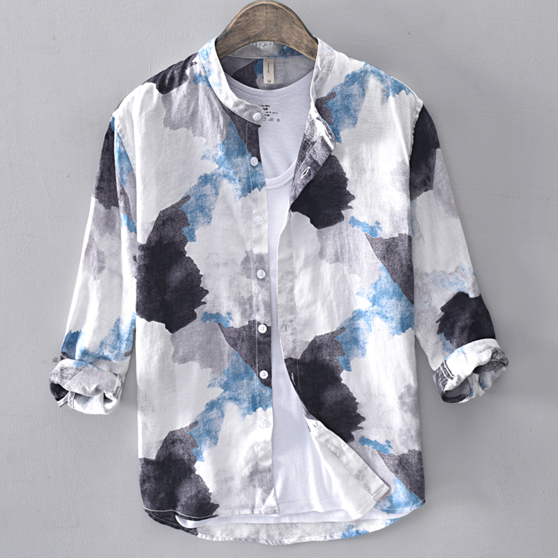 迷彩冰丝亚麻衬衫七分袖立领