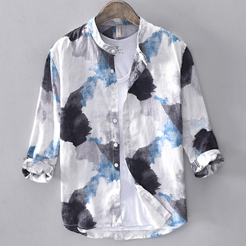 迷彩冰丝亚麻衬衫七分袖立领