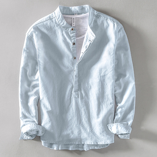 薄款 休闲宽松春夏季 上衣复古棉麻衬衣内搭 男长袖 亚麻立领套头衬衫