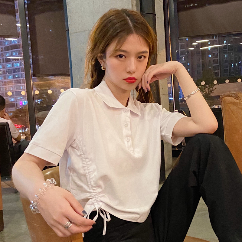 Real photo polo collar side drawstring Lapel T-shirt women's summer new short sleeve drawstring jacket