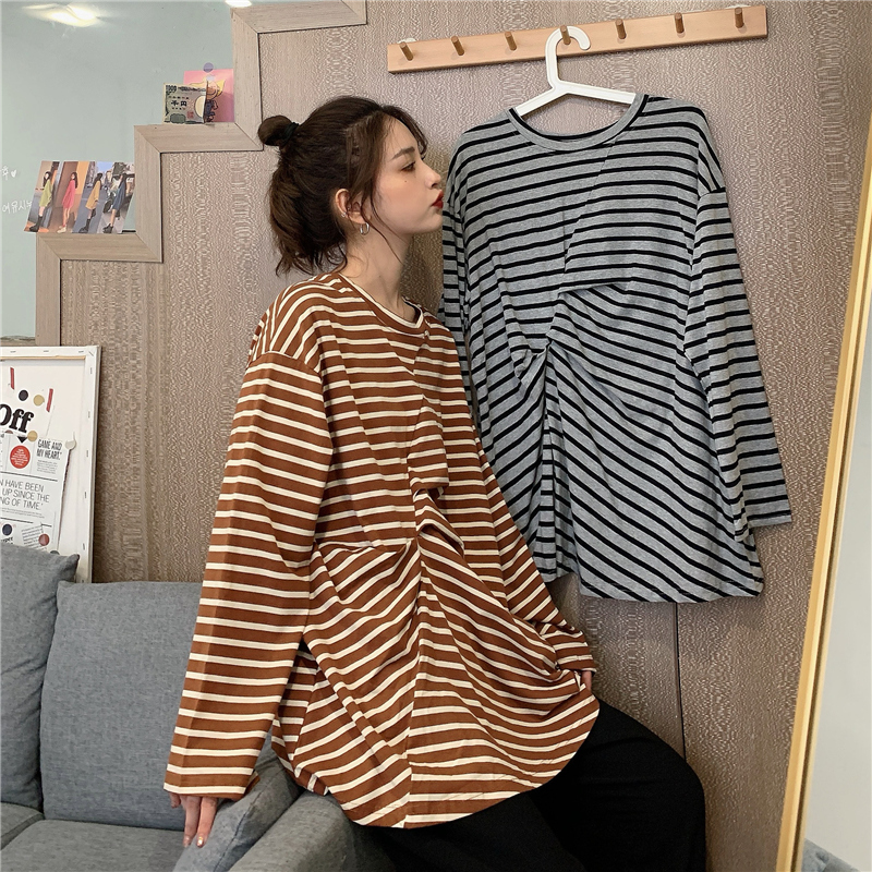 Real shot spring new retro pleated striped T-shirt women's design loose top T-shirt