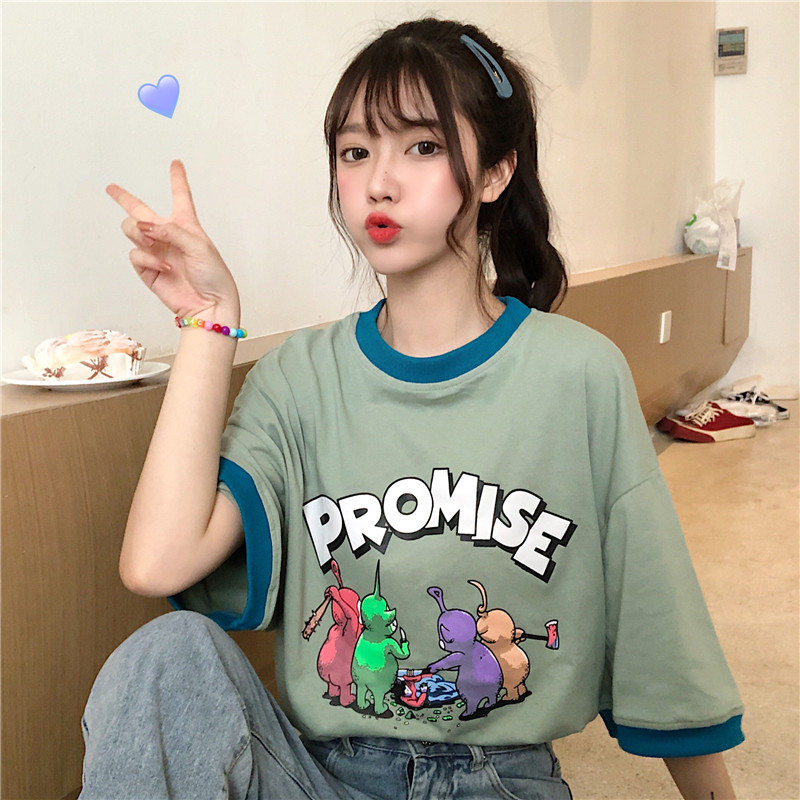 Real shot 2021 new summer color contrast short sleeve girl student Korean loose style versatile top fashion