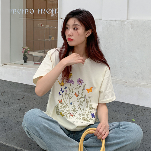 Real shot Korean version of literary ins plant print short-sleeved T-shirt women's summer new style