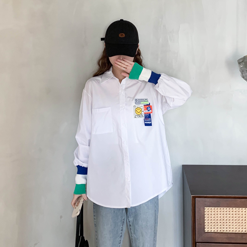 Real photo 2021 new smiling face badge stitching knitted loose shirt women's middle and long fashion spring and autumn shirt women