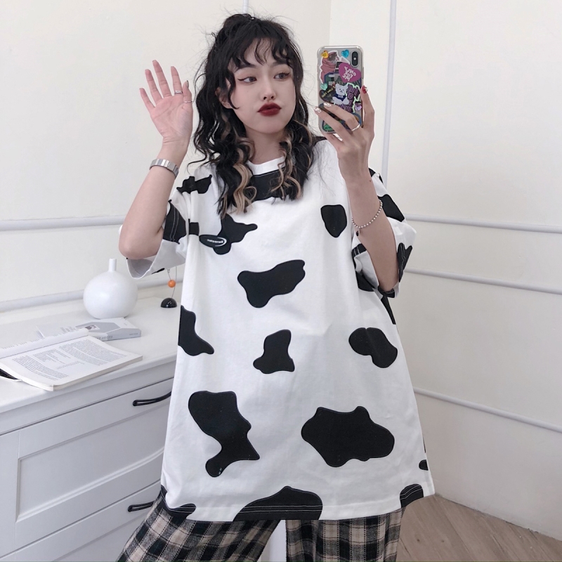 Real shot new short sleeve T-shirt women's middle and long milk print