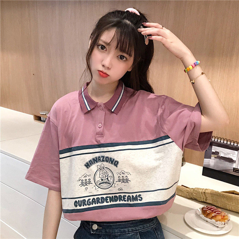 Real shot new short sleeve t-shirt female college style polo collar sweater female loose Korean Students