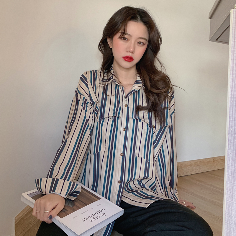 Real photo retro striped shirt women's design sense niche top spring 2021 new Korean versatile shirt