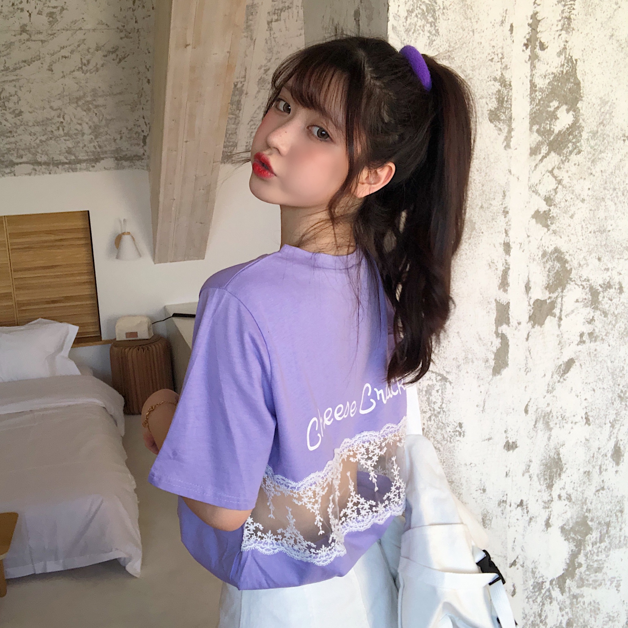 Real photo: watch out machine back hollow out short sleeve t-shirt female 2021 summer new letter print top female