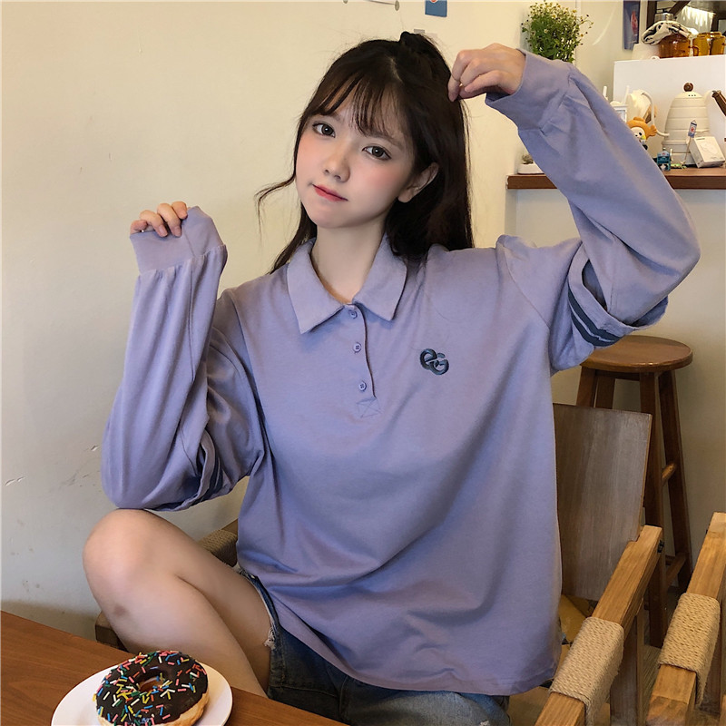 Real shooting Japanese Lapel long sleeve T-shirt women's loose Korean fashion thin Hong Kong style top