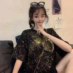 實拍  夏季新款燙金印花圓領短袖T恤女