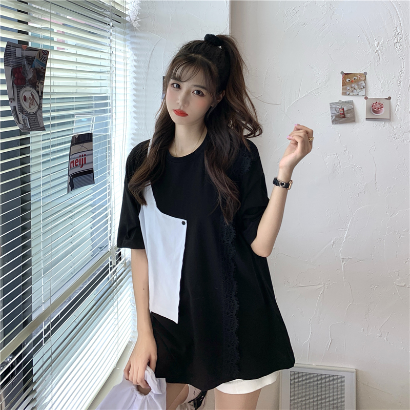 Real shot Short Sleeve T-Shirt New Korean loose color contrast fake two-piece half sleeve T-shirt