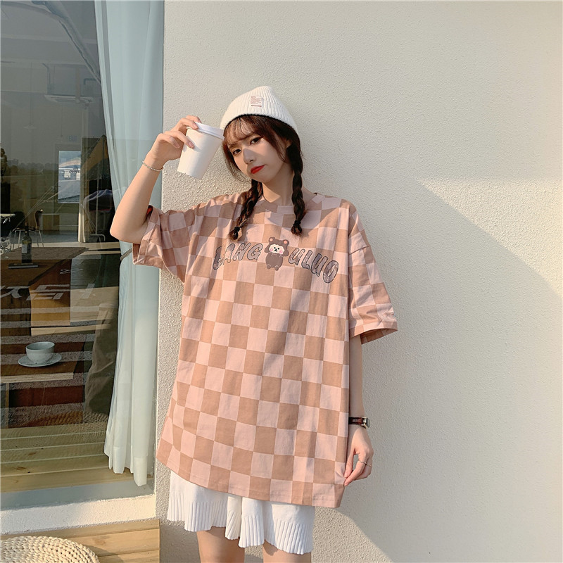 Real photo 2021 New Retro Plaid print loose T-shirt