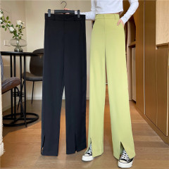 Women's straight suit pants with wide legs and split ends