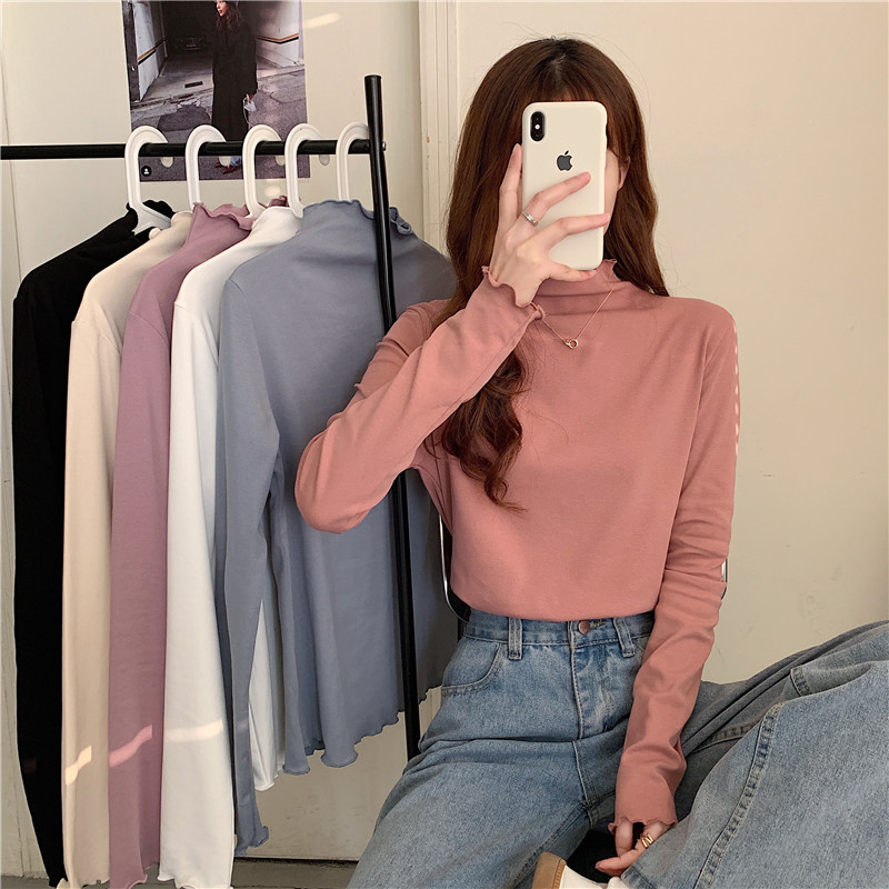 Real shot half high collar bottomed shirt with spring and autumn velvet wood ear edge top, middle collar and long sleeve T-shirt