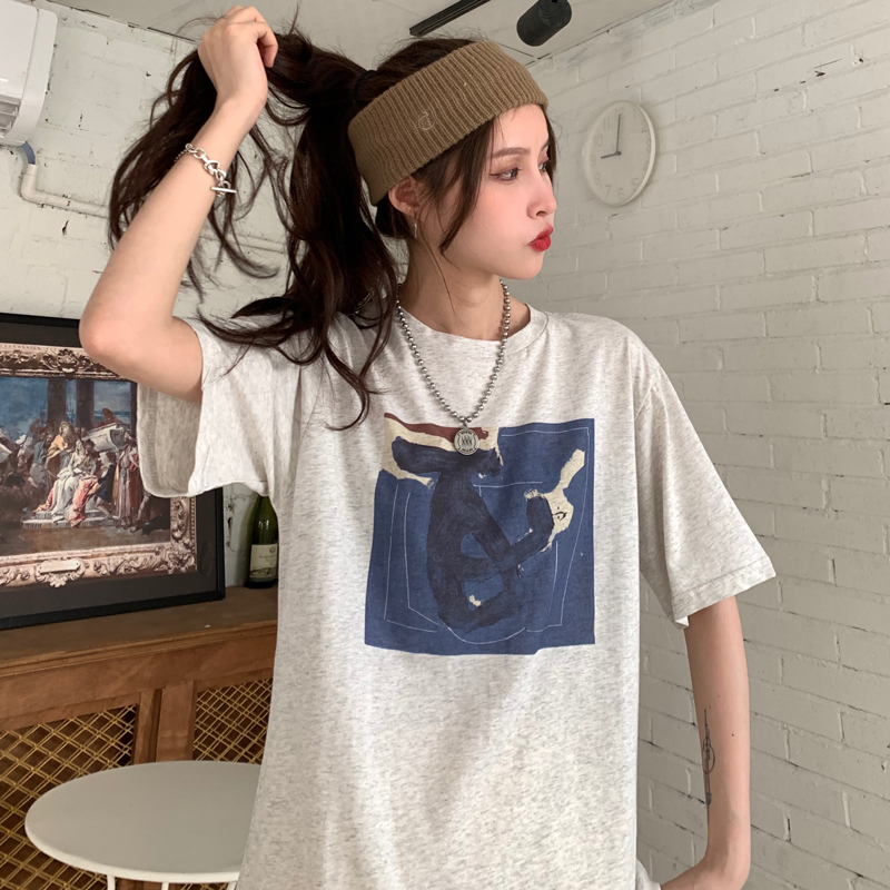 實拍 夏季新款寬鬆圓領印花短袖T恤女上衣