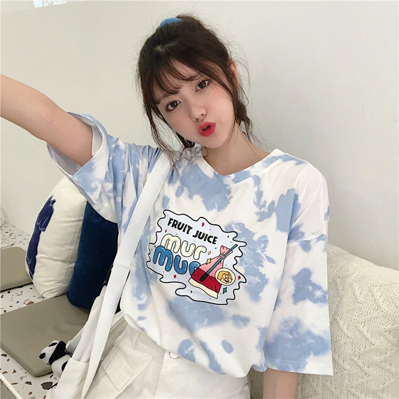 Real time tie dye gradient short sleeve T-shirt women's fashion crowd summer Cute Japanese net red top