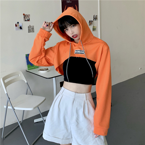 Real shot thin ultra short hooded sweater women's high waist open navel hip hop long sleeve top