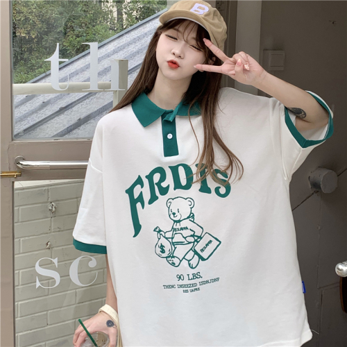 Real shot Harajuku style bear polo shirt half sleeve loose T-shirt women's top