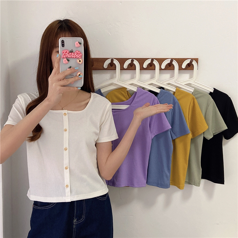 實拍方領短袖恤女夏短款年新款修身潮