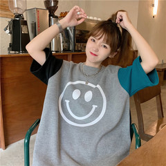 Real shot loose short sleeve T-shirt mid length summer print stitching fat mm half sleeve top