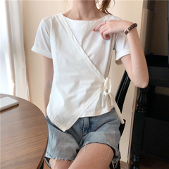 Real shooting bandage short sleeve T-shirt women's design sense minority personality casual top summer wear