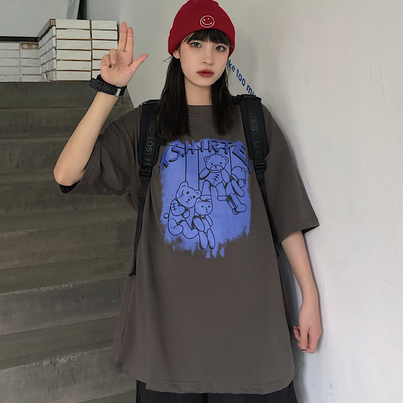 原創 實拍  原宿寬鬆短袖T恤女字母印花卡通學生上衣