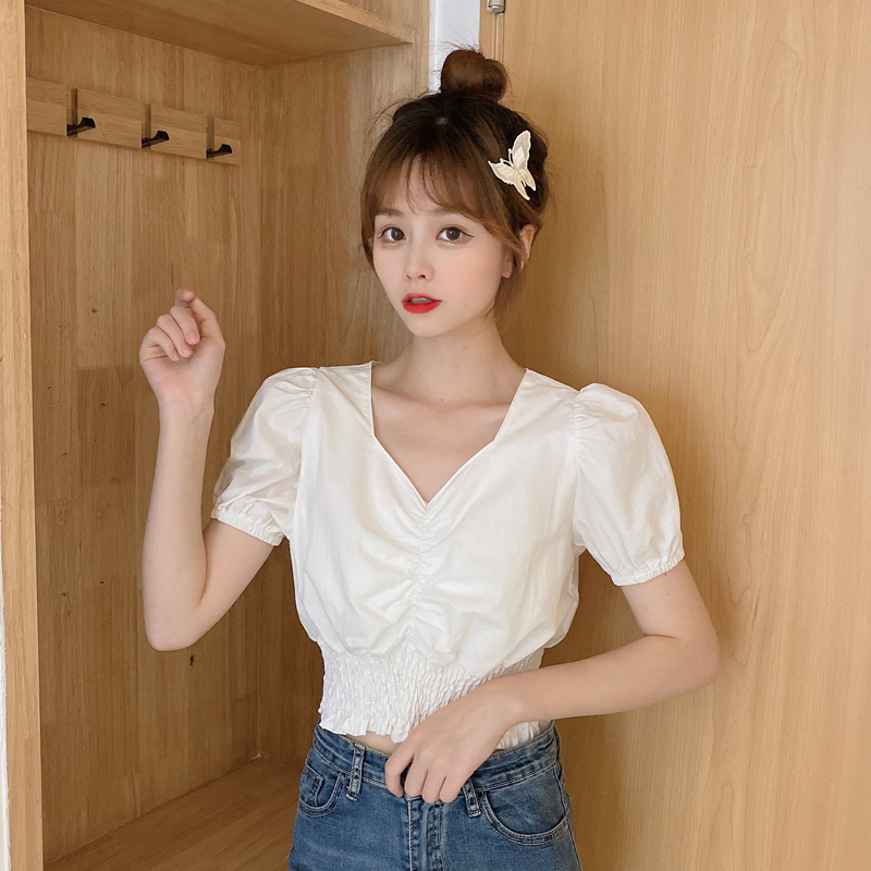 Real shot short top short sleeve shirt with high waist and exposed navel in spring and summer