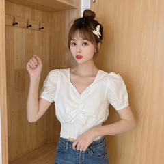 Real shot short top short sleeve shirt with high waist and exposed navel in spring and summer