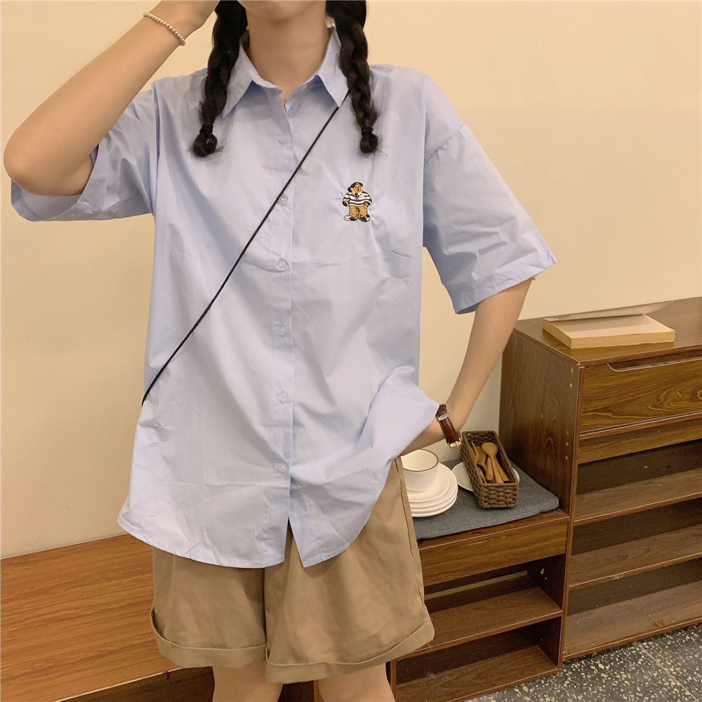 Real shot short sleeve versatile polo shirt women's design blue shirt student thin top