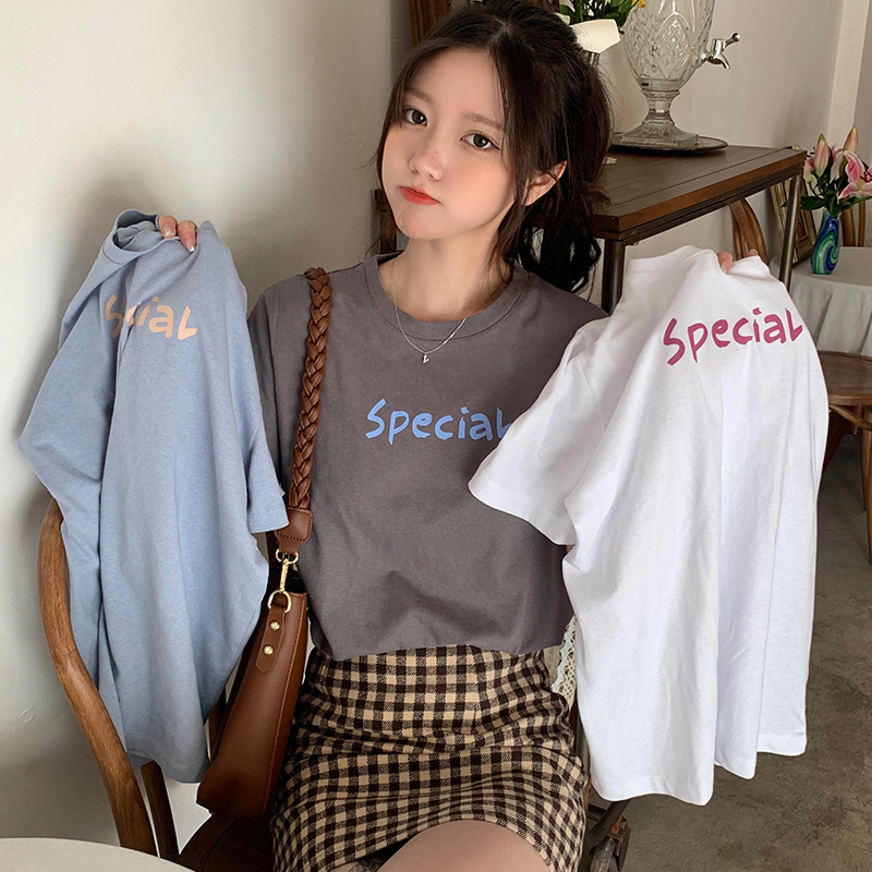 Real shot versatile loose letter print short sleeve T-shirt