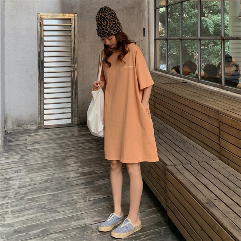 Real photo summer pocket slacker skirt short sleeve mid long T-shirt skirt loose split dress