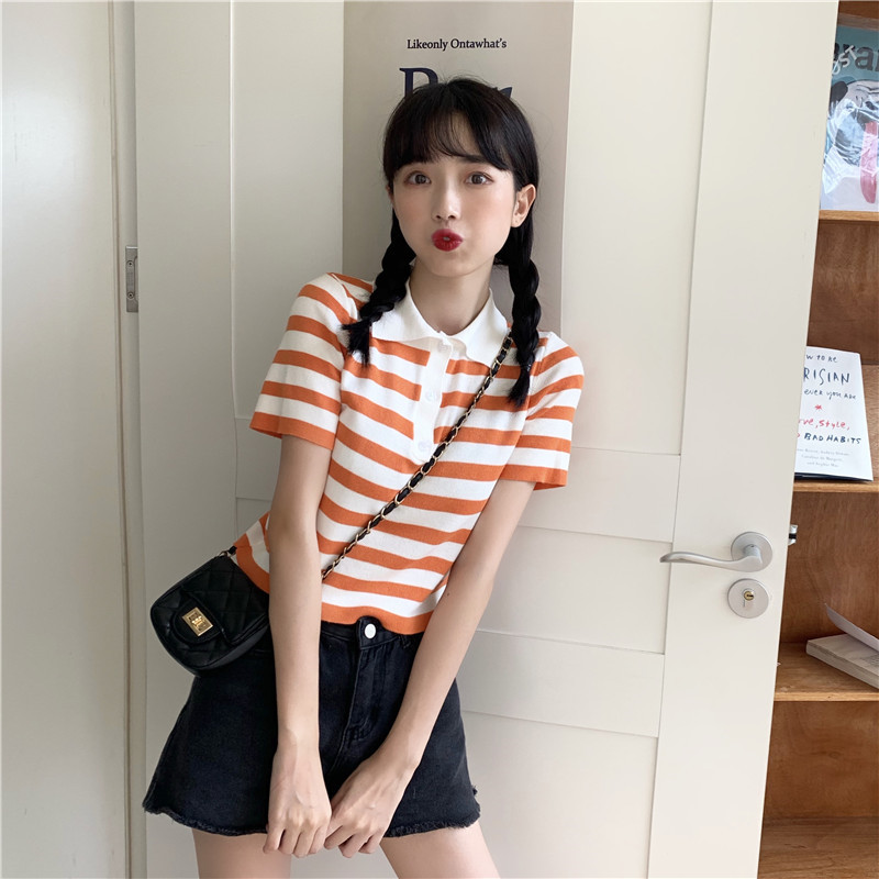 Real shot net red stripe short sleeve T-shirt women's summer 2021 new ins super fire loose high waist short BM top fashion