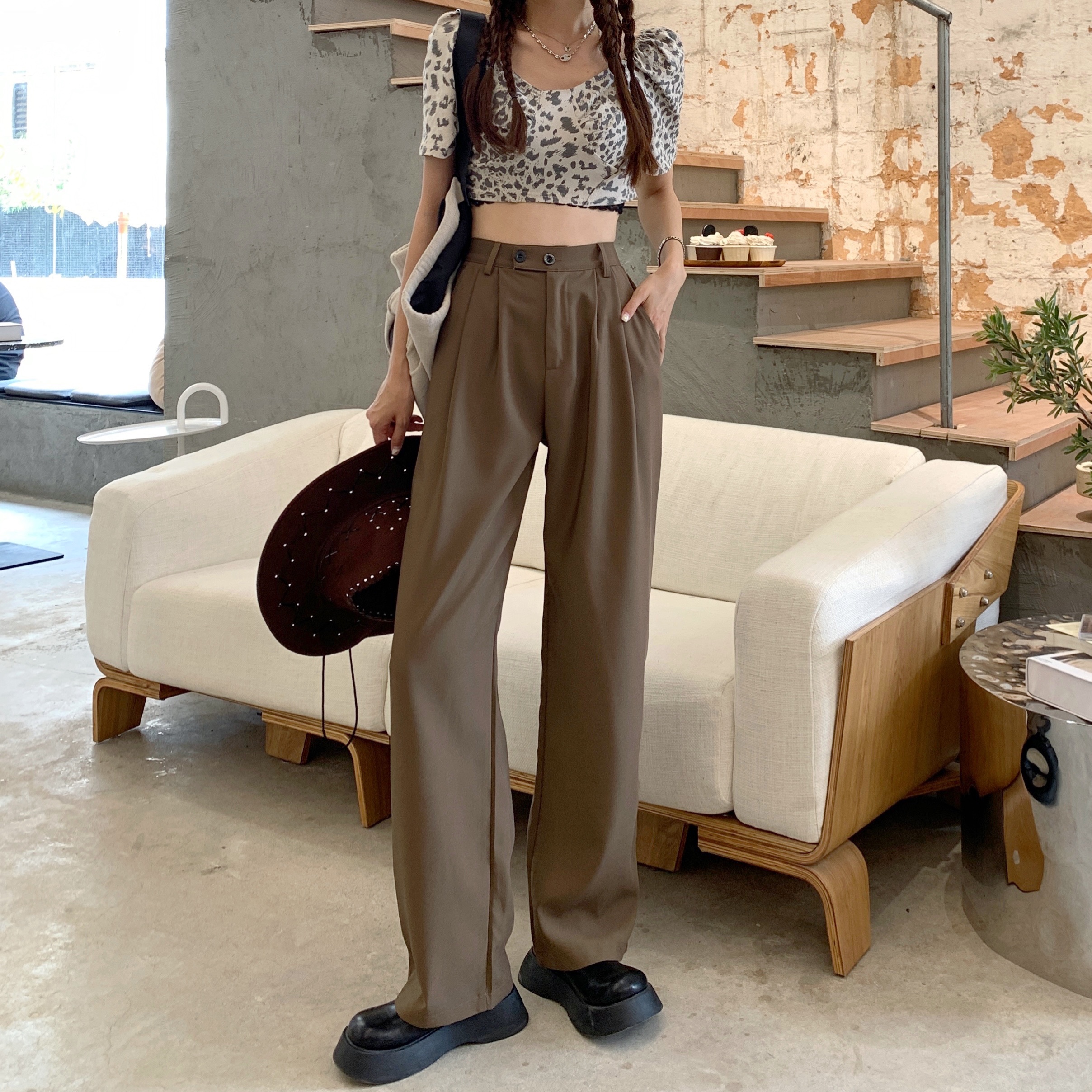 Spring and summer 2021 new Korean loose suit pants women's Retro straight wide leg pants