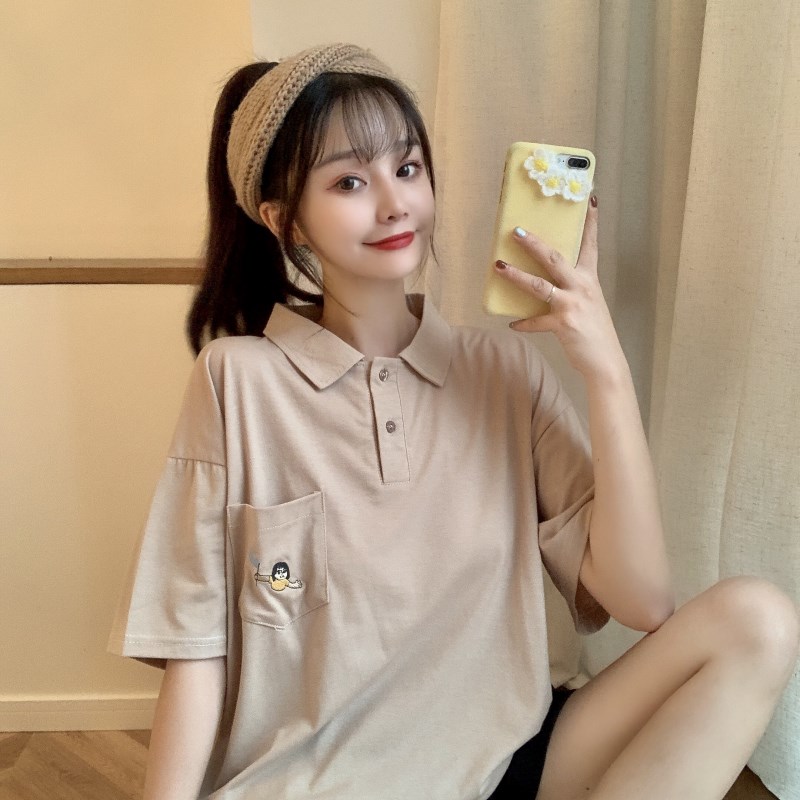 Real shot Polo Shirt Short Sleeve T-Shirt female 2021 new Korean version loose and strange taste girl's top