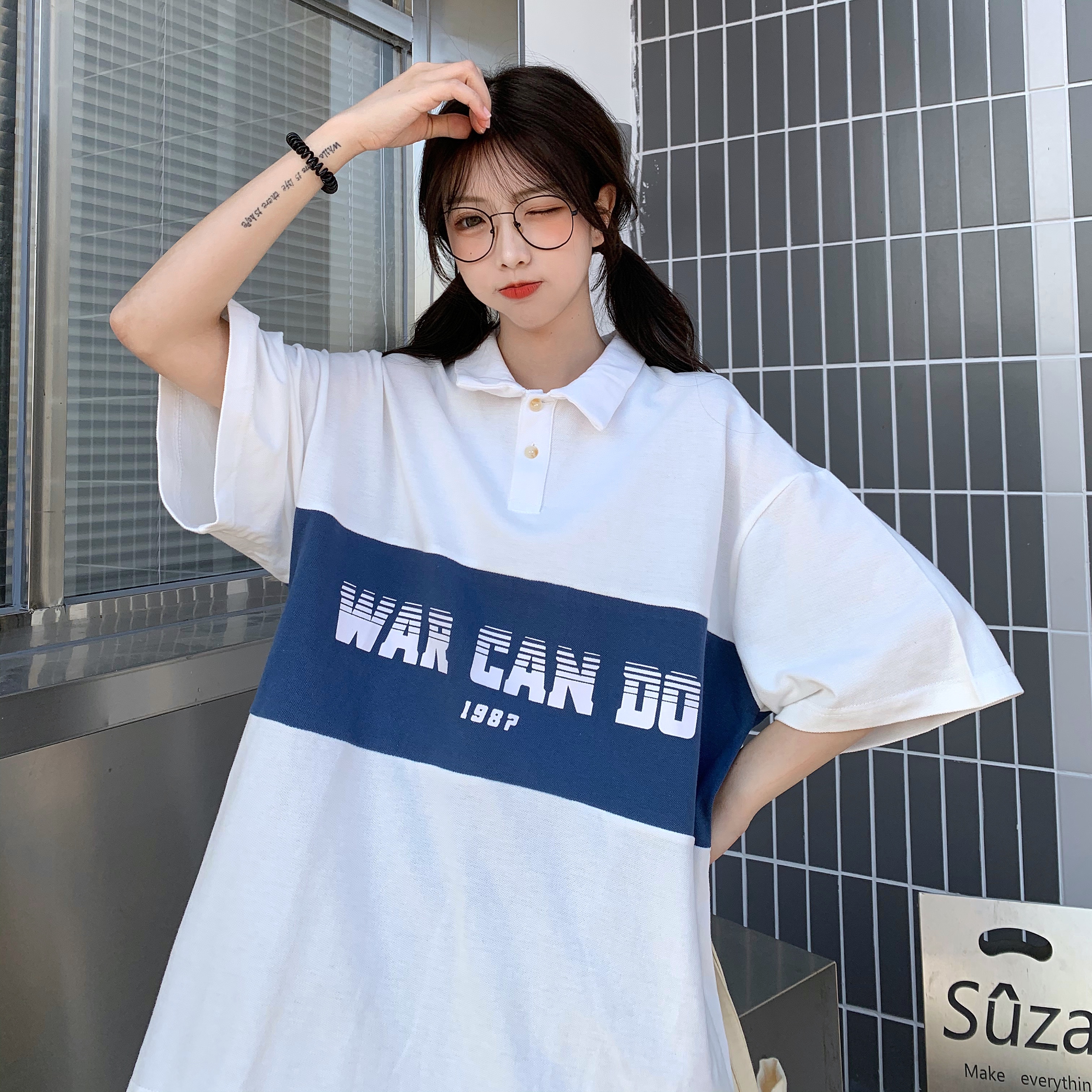 Real shot stitched letter print loose polo collar