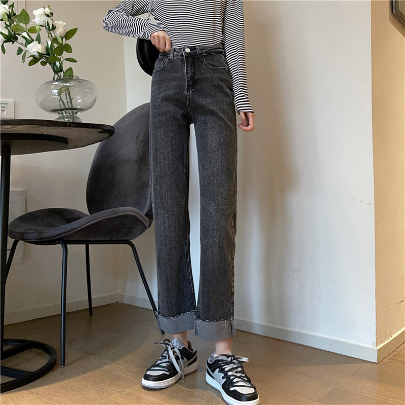 Real shot spring and summer new net red jeans women's Korean straight pants high waist quarter pants show thin pants