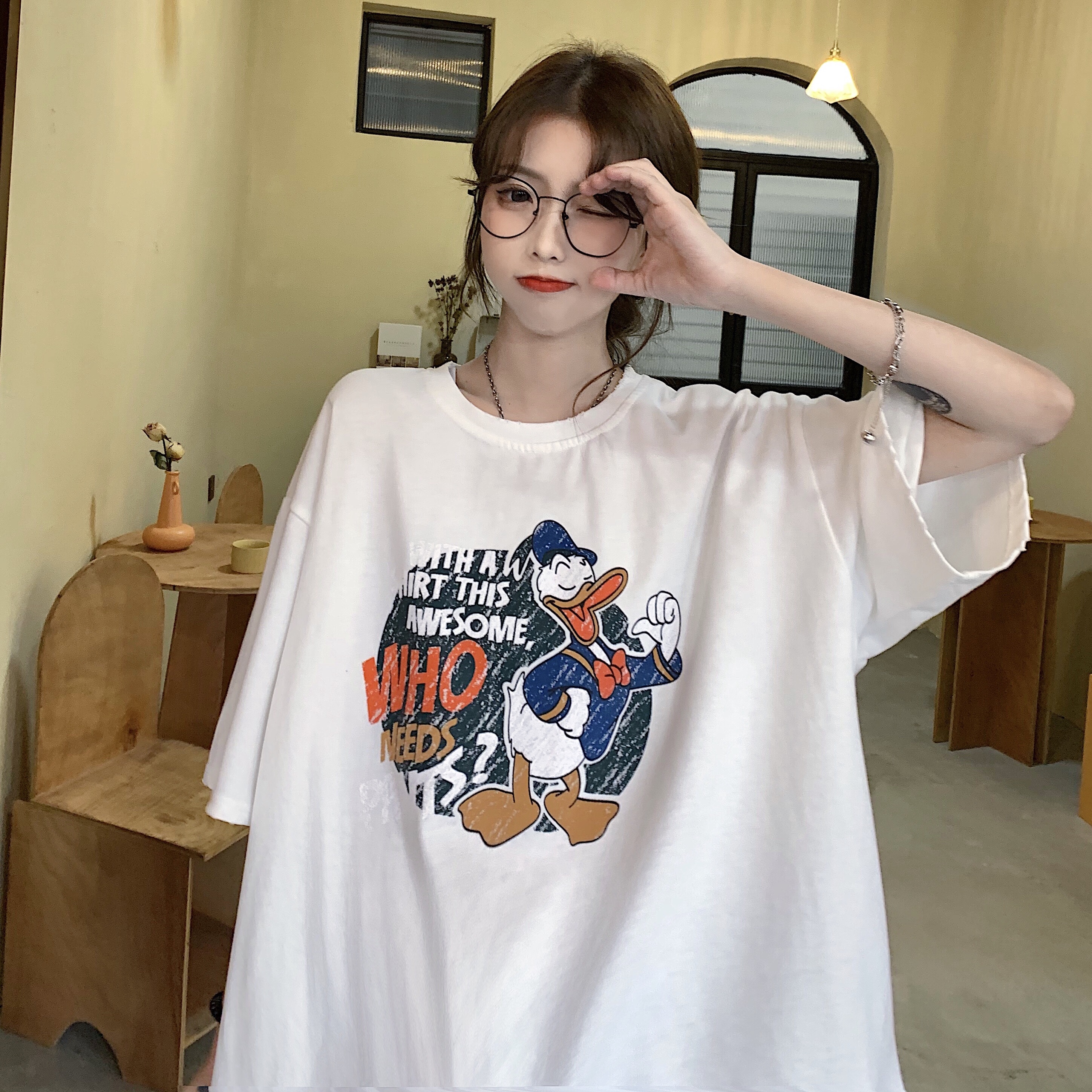 Real print letter cartoon short sleeve T-shirt for women