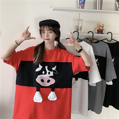 Real shot Korean version net red short sleeve T-shirt women's stitching loose print medium length