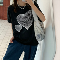 實拍  小眾網狀心碎愛心便利貼印花短袖寬鬆韓版夏季T恤ins