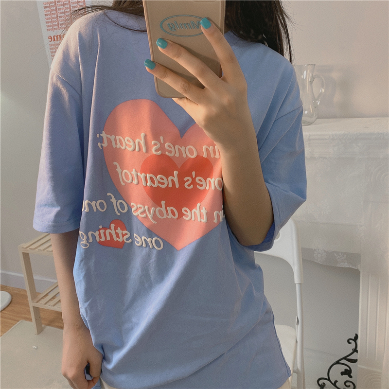 Real love printing T-shirt short sleeve female summer student loose medium length top